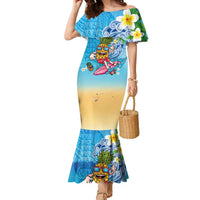 Hawaiian Funny Pineapple Surfing Family Matching Mermaid Dress and Hawaiian Shirt Beach with Tribal Kakau and Plumeria LT03 Mom's Dress Multicolor - Polynesian Pride