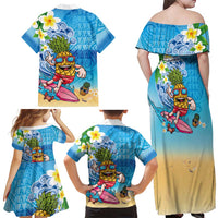 Hawaiian Funny Pineapple Surfing Family Matching Off Shoulder Maxi Dress and Hawaiian Shirt Beach with Tribal Kakau and Plumeria LT03 - Polynesian Pride