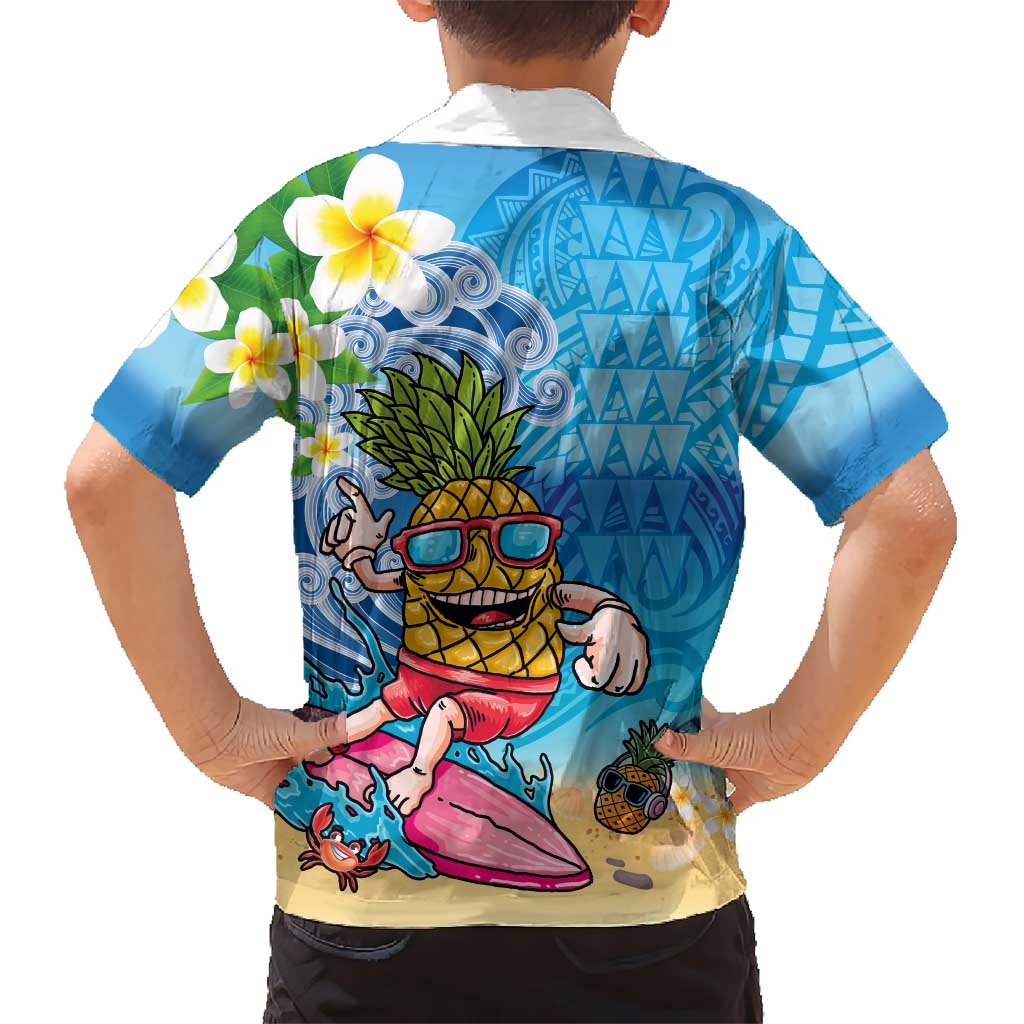 Hawaiian Funny Pineapple Surfing Family Matching Off Shoulder Short Dress and Hawaiian Shirt Beach with Tribal Kakau and Plumeria LT03 - Polynesian Pride