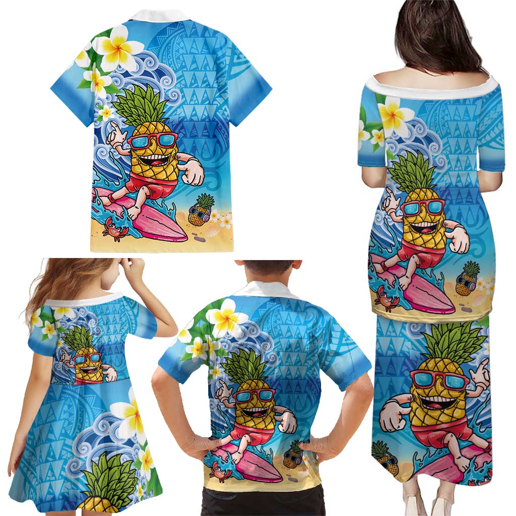 Hawaiian Funny Pineapple Surfing Family Matching Puletasi and Hawaiian Shirt Beach with Tribal Kakau and Plumeria LT03 - Polynesian Pride