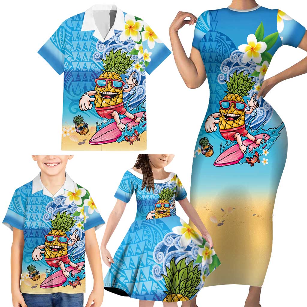 Hawaiian Funny Pineapple Surfing Family Matching Short Sleeve Bodycon Dress and Hawaiian Shirt Beach with Tribal Kakau and Plumeria