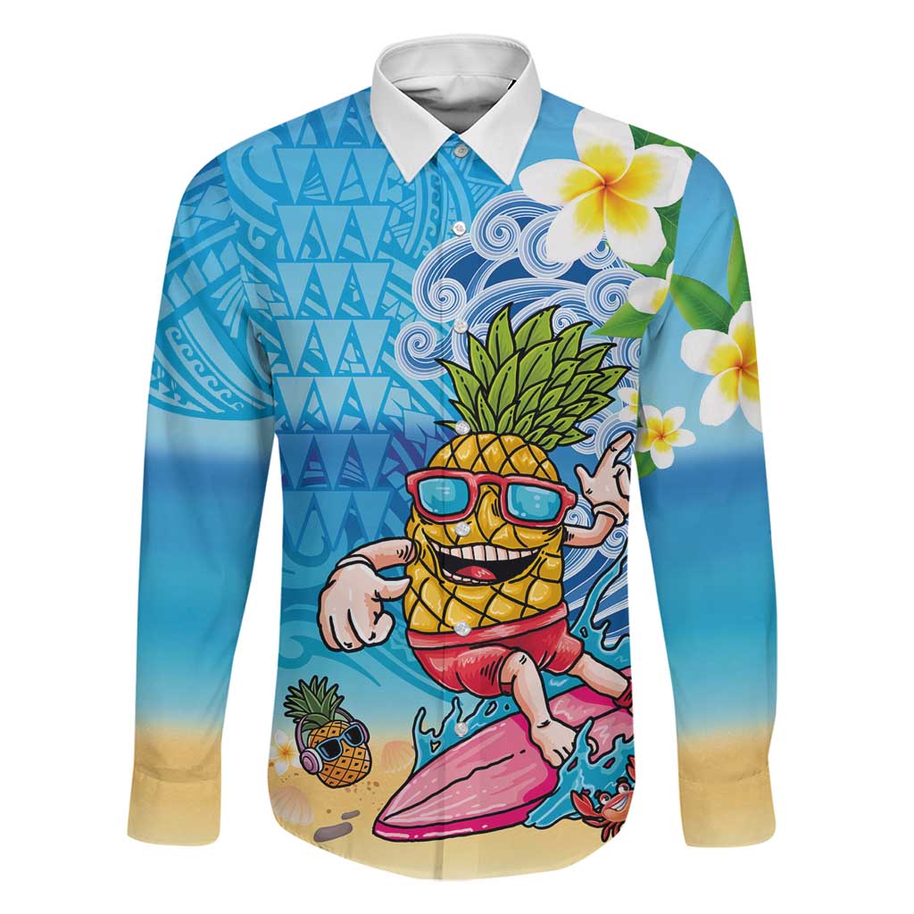 Hawaiian Funny Pineapple Surfing Family Matching Short Sleeve Bodycon Dress and Hawaiian Shirt Beach with Tribal Kakau and Plumeria LT03 Dad's Shirt - Long Sleeve Multicolor - Polynesian Pride