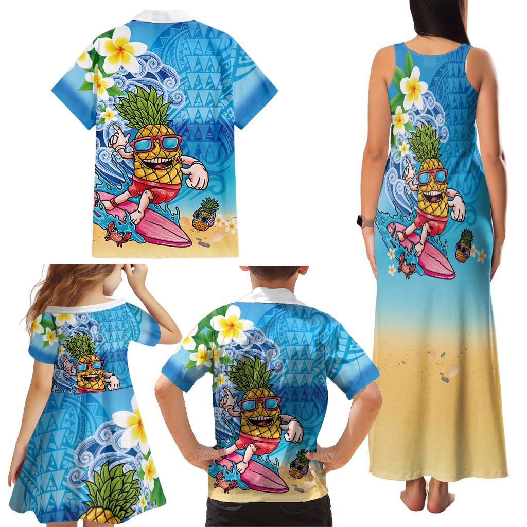 Hawaiian Funny Pineapple Surfing Family Matching Tank Maxi Dress and Hawaiian Shirt Beach with Tribal Kakau and Plumeria LT03 - Polynesian Pride