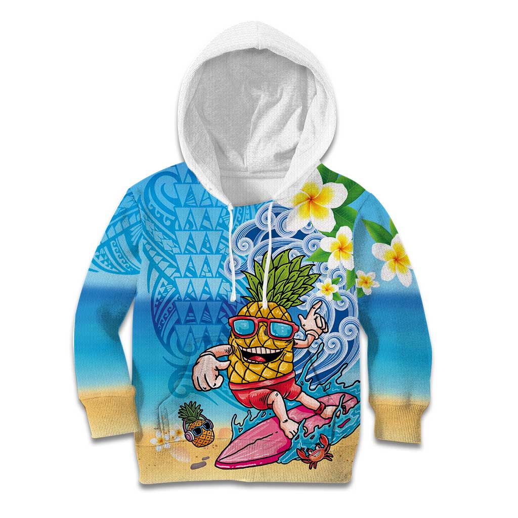 Hawaiian Funny Pineapple Surfing Kid Hoodie Beach with Tribal Kakau and Plumeria LT03 Hoodie Multicolor - Polynesian Pride