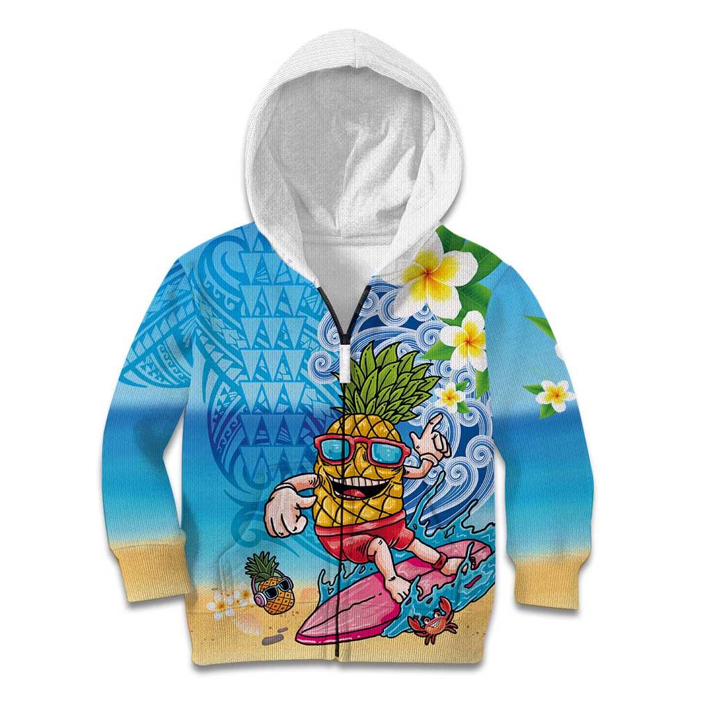 Hawaiian Funny Pineapple Surfing Kid Hoodie Beach with Tribal Kakau and Plumeria LT03 Zip Hoodie Multicolor - Polynesian Pride