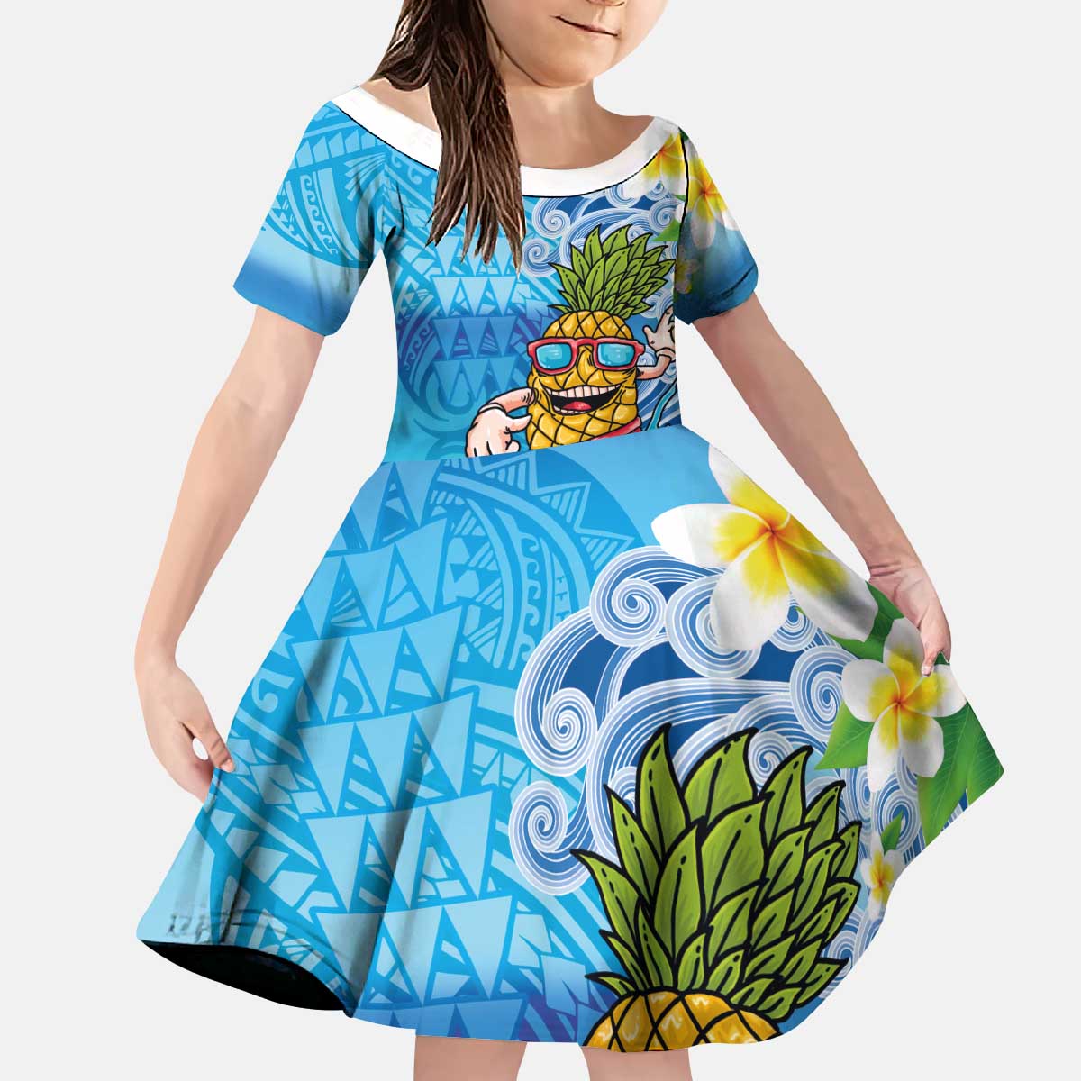 Hawaiian Funny Pineapple Surfing Kid Short Sleeve Dress Beach with Tribal Kakau and Plumeria LT03 KID Multicolor - Polynesian Pride
