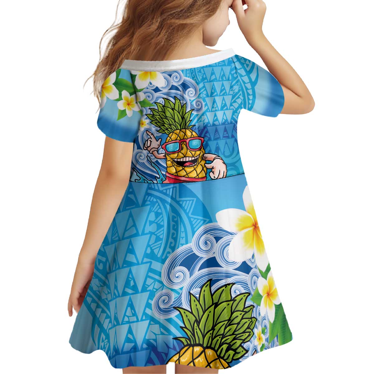 Hawaiian Funny Pineapple Surfing Kid Short Sleeve Dress Beach with Tribal Kakau and Plumeria LT03 - Polynesian Pride