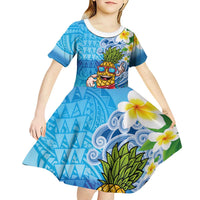 Hawaiian Funny Pineapple Surfing Kid Short Sleeve Dress Beach with Tribal Kakau and Plumeria LT03 - Polynesian Pride