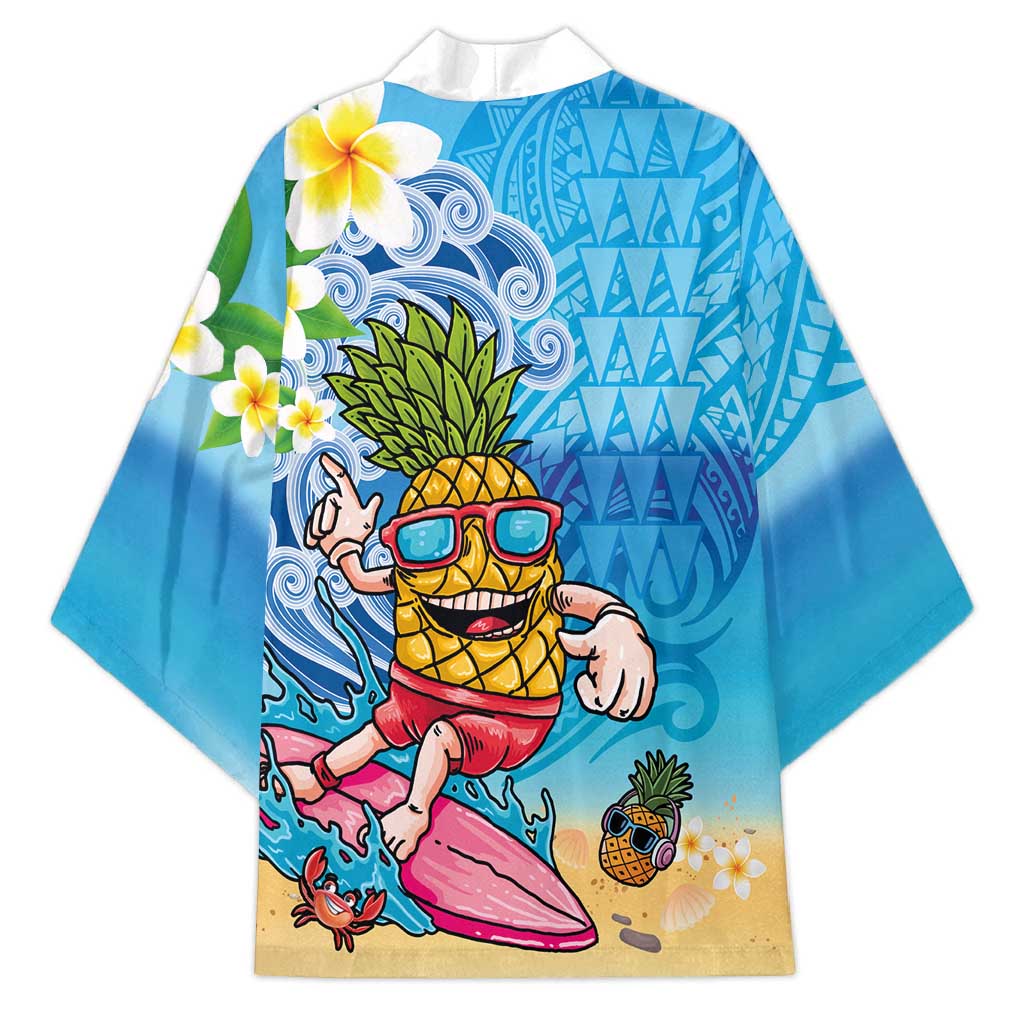 Hawaiian Funny Pineapple Surfing Kimono Beach with Tribal Kakau and Plumeria