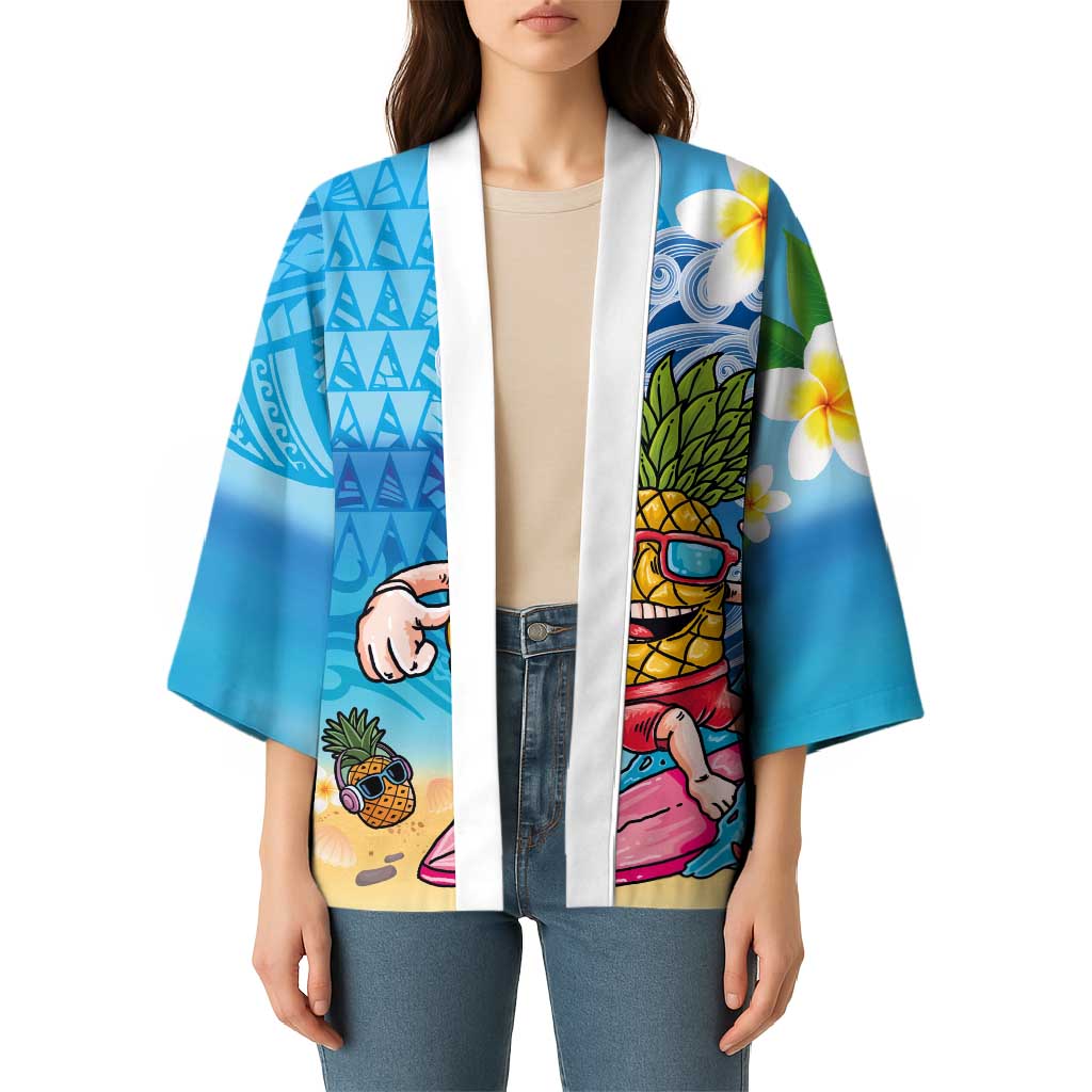 Hawaiian Funny Pineapple Surfing Kimono Beach with Tribal Kakau and Plumeria