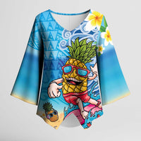 Hawaiian Funny Pineapple Surfing Kimono Sleeve Blouse Beach with Tribal Kakau and Plumeria LT03 Female Multicolor - Polynesian Pride