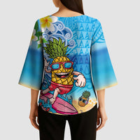 Hawaiian Funny Pineapple Surfing Kimono Sleeve Blouse Beach with Tribal Kakau and Plumeria LT03 - Polynesian Pride