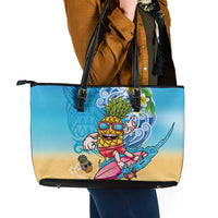 Hawaiian Funny Pineapple Surfing Leather Tote Bag Beach with Tribal Kakau and Plumeria LT03 - Polynesian Pride