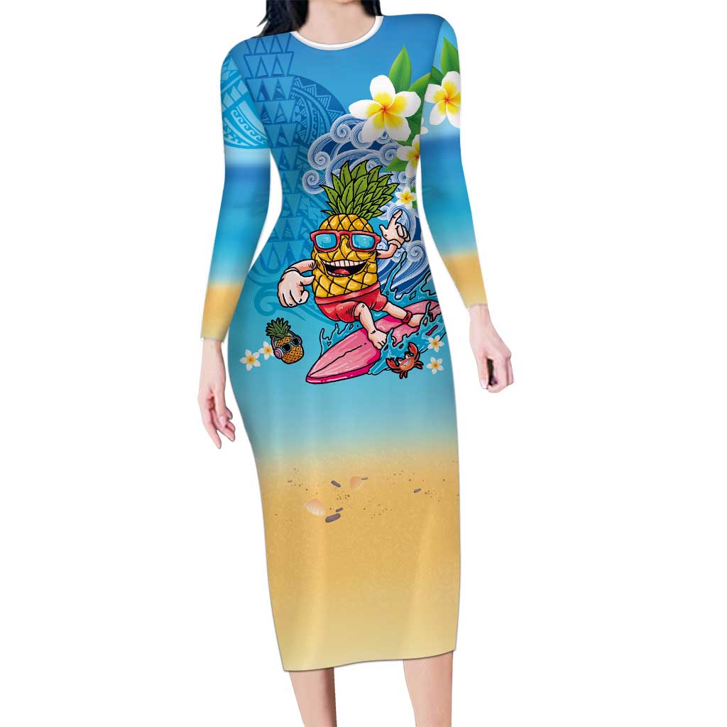 Hawaiian Funny Pineapple Surfing Long Sleeve Bodycon Dress Beach with Tribal Kakau and Plumeria LT03 Long Dress Multicolor - Polynesian Pride