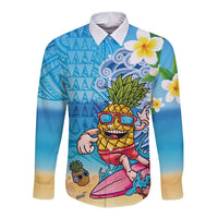 Hawaiian Funny Pineapple Surfing Long Sleeve Button Shirt Beach with Tribal Kakau and Plumeria LT03 Unisex Multicolor - Polynesian Pride