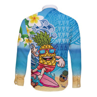 Hawaiian Funny Pineapple Surfing Long Sleeve Button Shirt Beach with Tribal Kakau and Plumeria LT03 - Polynesian Pride