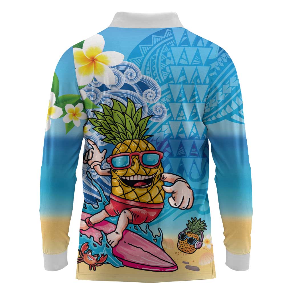 Hawaiian Funny Pineapple Surfing Long Sleeve Polo Shirt Beach with Tribal Kakau and Plumeria LT03 - Polynesian Pride