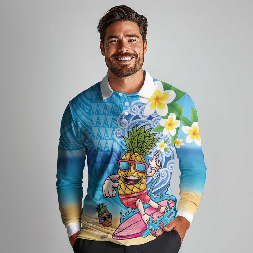 Hawaiian Funny Pineapple Surfing Long Sleeve Polo Shirt Beach with Tribal Kakau and Plumeria LT03 - Polynesian Pride