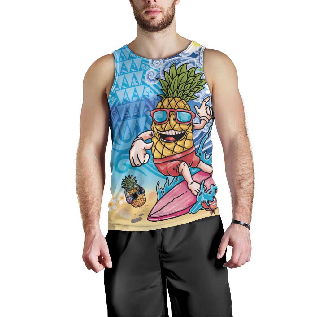 Hawaiian Funny Pineapple Surfing Men Tank Top Beach with Tribal Kakau and Plumeria LT03 - Polynesian Pride