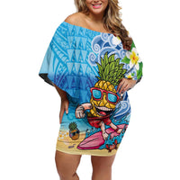 Hawaiian Funny Pineapple Surfing Off Shoulder Short Dress Beach with Tribal Kakau and Plumeria LT03 Women Multicolor - Polynesian Pride