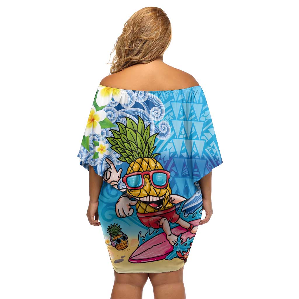 Hawaiian Funny Pineapple Surfing Off Shoulder Short Dress Beach with Tribal Kakau and Plumeria LT03 - Polynesian Pride