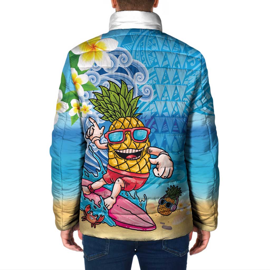 Hawaiian Funny Pineapple Surfing Padded Jacket Beach with Tribal Kakau and Plumeria