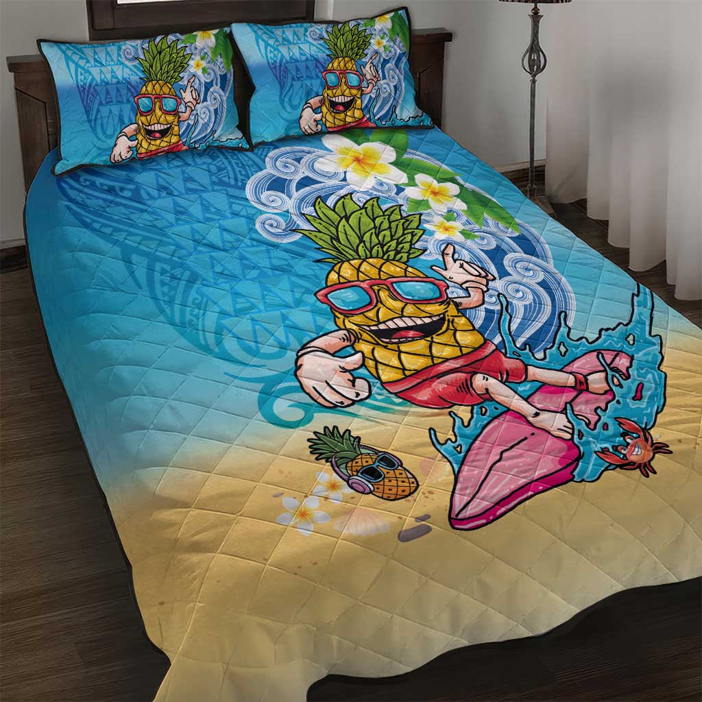 Hawaiian Funny Pineapple Surfing Quilt Bed Set Beach with Tribal Kakau and Plumeria