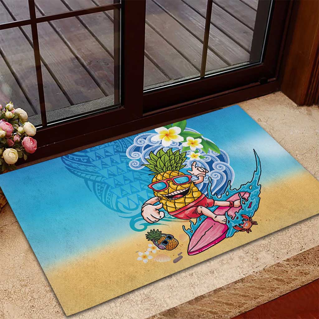 Hawaiian Funny Pineapple Surfing Rubber Doormat Beach with Tribal Kakau and Plumeria
