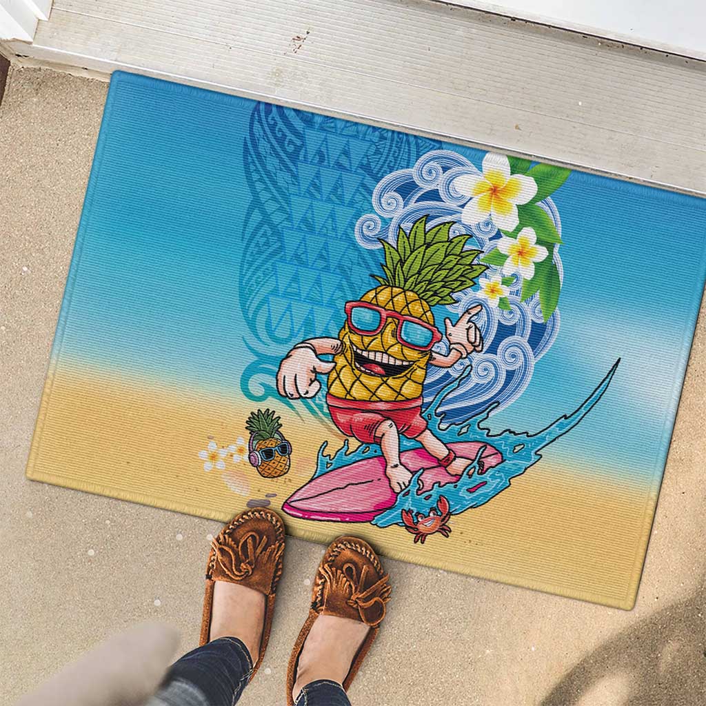 Hawaiian Funny Pineapple Surfing Rubber Doormat Beach with Tribal Kakau and Plumeria