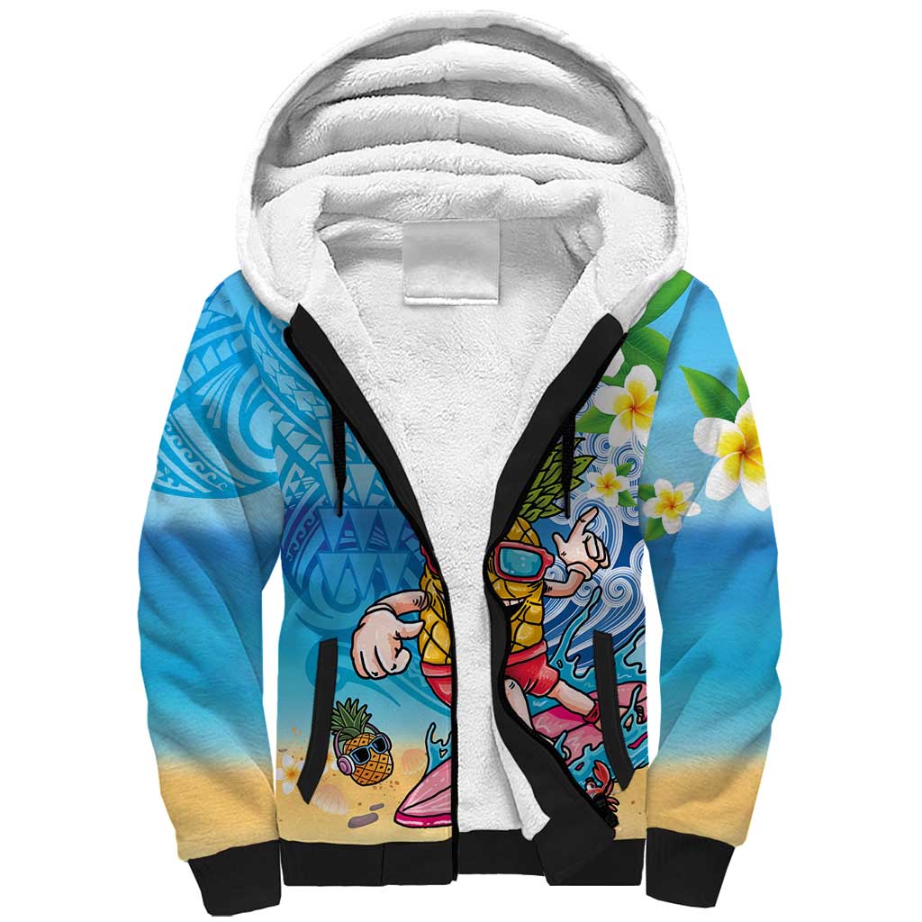 Hawaiian Funny Pineapple Surfing Sherpa Hoodie Beach with Tribal Kakau and Plumeria LT03 Unisex Multicolor - Polynesian Pride
