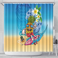 Hawaiian Funny Pineapple Surfing Shower Curtain Beach with Tribal Kakau and Plumeria LT03 - Polynesian Pride