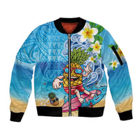 Hawaiian Funny Pineapple Surfing Sleeve Zip Bomber Jacket Beach with Tribal Kakau and Plumeria