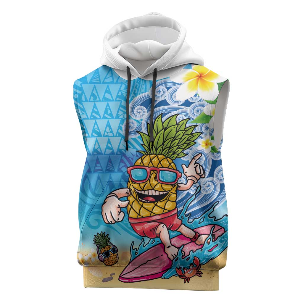 Hawaiian Funny Pineapple Surfing Sleeveless Hoodie Beach with Tribal Kakau and Plumeria