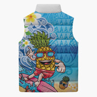 Hawaiian Funny Pineapple Surfing Sleeveless Puffer Jacket Beach with Tribal Kakau and Plumeria