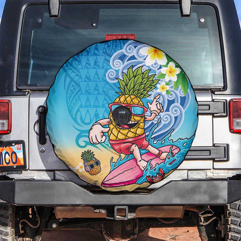Hawaiian Funny Pineapple Surfing Spare Tire Cover Beach with Tribal Kakau and Plumeria LT03 Multicolor - Polynesian Pride