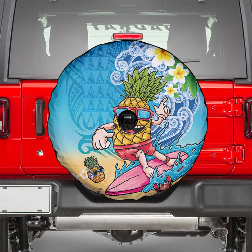 Hawaiian Funny Pineapple Surfing Spare Tire Cover Beach with Tribal Kakau and Plumeria LT03 - Polynesian Pride