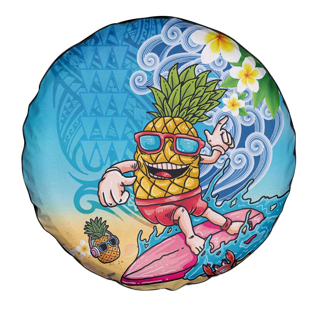 Hawaiian Funny Pineapple Surfing Spare Tire Cover Beach with Tribal Kakau and Plumeria LT03 - Polynesian Pride