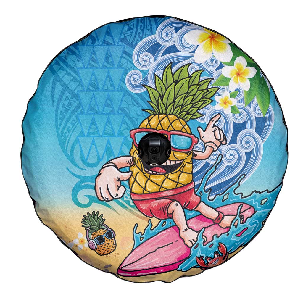 Hawaiian Funny Pineapple Surfing Spare Tire Cover Beach with Tribal Kakau and Plumeria LT03 - Polynesian Pride