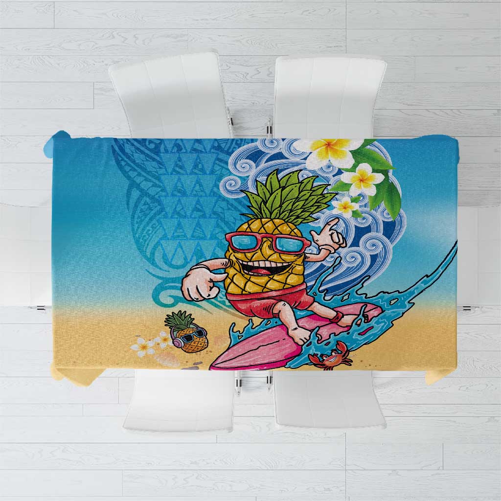 Hawaiian Funny Pineapple Surfing Tablecloth Beach with Tribal Kakau and Plumeria