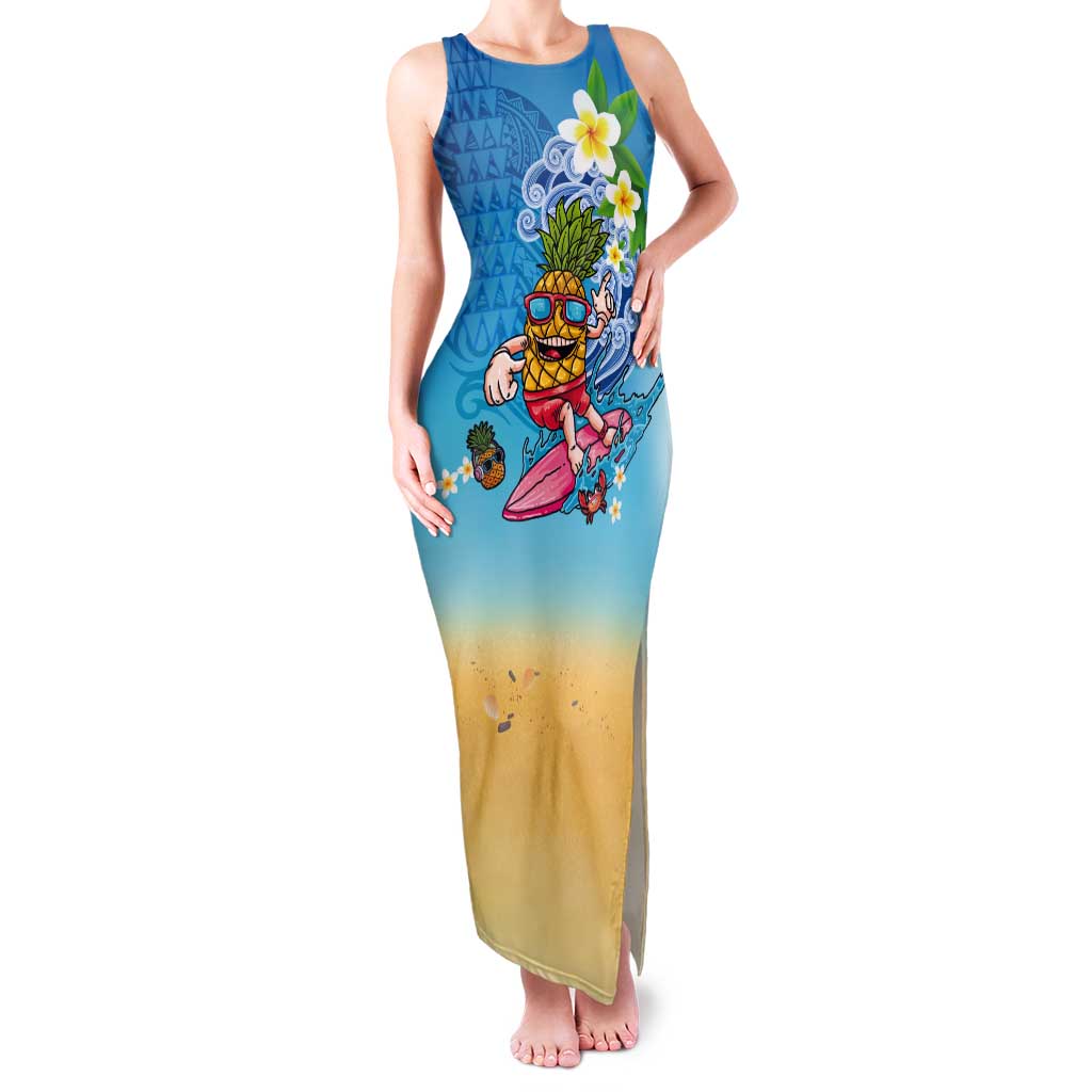 Hawaiian Funny Pineapple Surfing Tank Maxi Dress Beach with Tribal Kakau and Plumeria LT03 Women Multicolor - Polynesian Pride