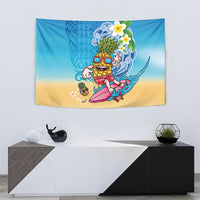 Hawaiian Funny Pineapple Surfing Tapestry Beach with Tribal Kakau and Plumeria