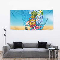 Hawaiian Funny Pineapple Surfing Tapestry Beach with Tribal Kakau and Plumeria