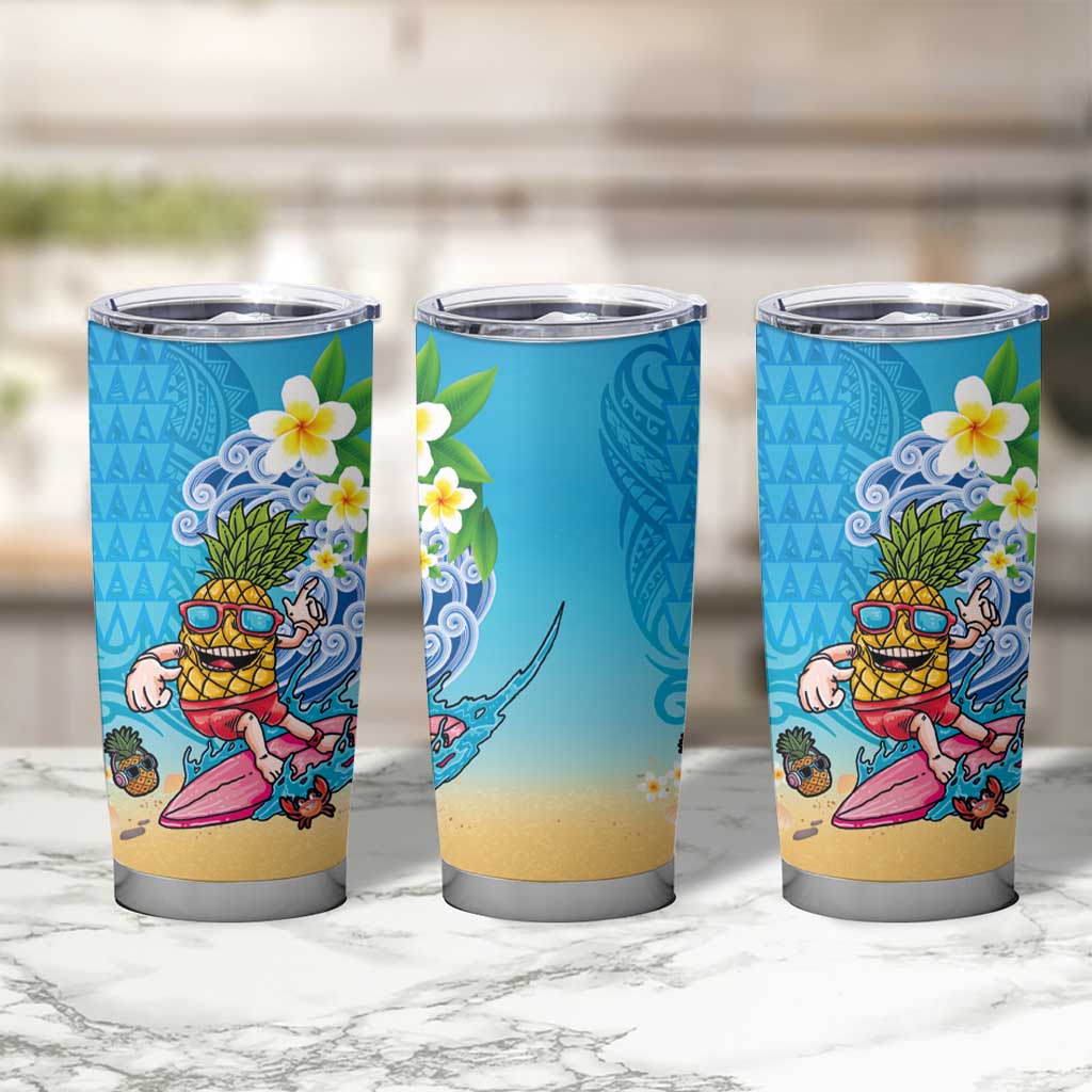 Hawaiian Funny Pineapple Surfing Tumbler Cup Beach with Tribal Kakau and Plumeria LT03 - Polynesian Pride