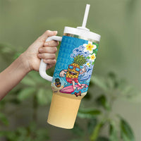 Hawaiian Funny Pineapple Surfing Tumbler With Handle Beach with Tribal Kakau and Plumeria LT03 - Polynesian Pride