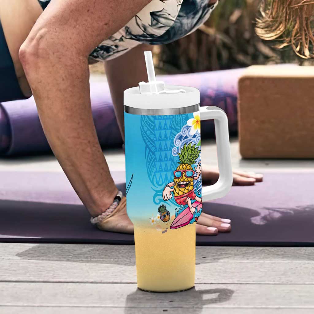 Hawaiian Funny Pineapple Surfing Tumbler With Handle Beach with Tribal Kakau and Plumeria LT03 - Polynesian Pride