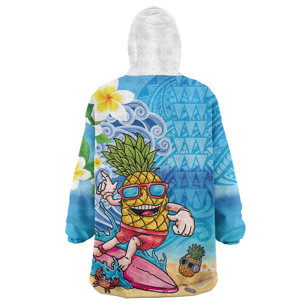 Hawaiian Funny Pineapple Surfing Wearable Blanket Hoodie Beach with Tribal Kakau and Plumeria LT03 - Polynesian Pride