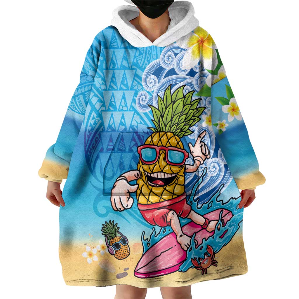 Hawaiian Funny Pineapple Surfing Wearable Blanket Hoodie Beach with Tribal Kakau and Plumeria LT03 - Polynesian Pride