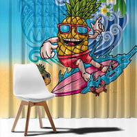 Hawaiian Funny Pineapple Surfing Window Curtain Beach with Tribal Kakau and Plumeria
