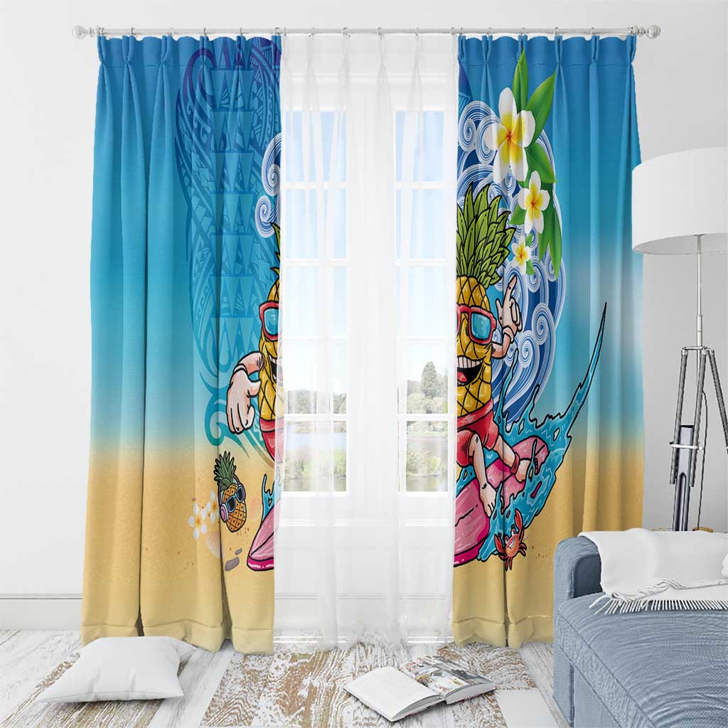 Hawaiian Funny Pineapple Surfing Window Curtain Beach with Tribal Kakau and Plumeria
