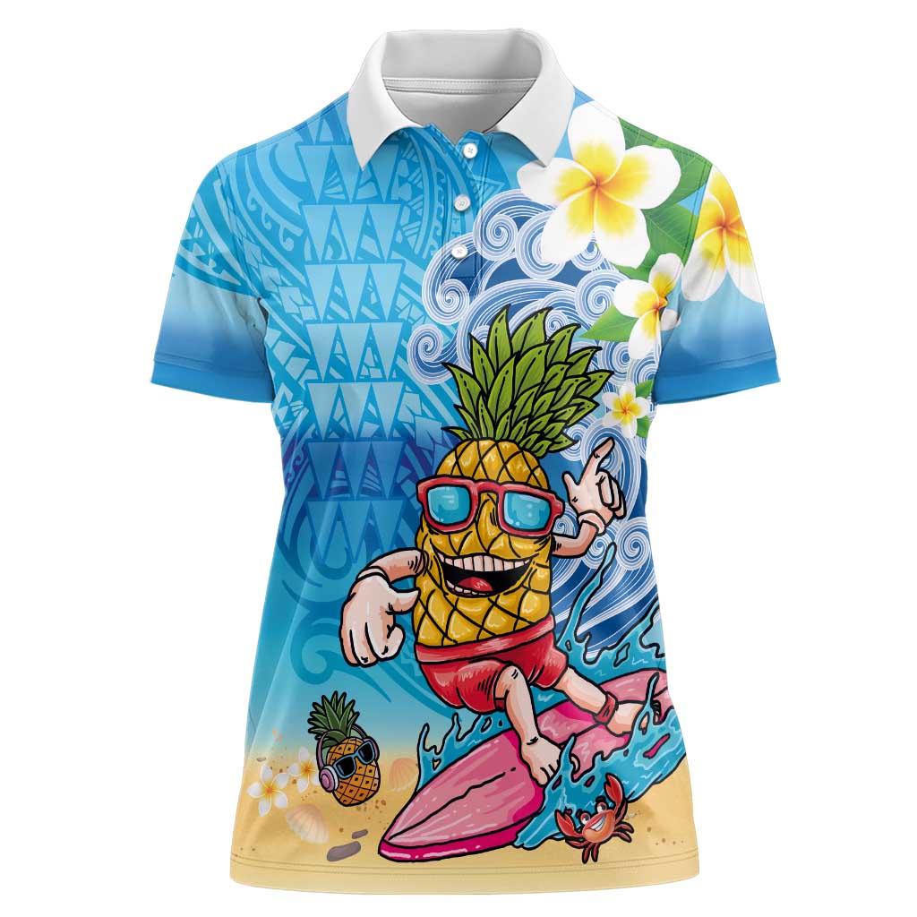 Hawaiian Funny Pineapple Surfing Women Polo Shirt Beach with Tribal Kakau and Plumeria LT03 Female Multicolor - Polynesian Pride